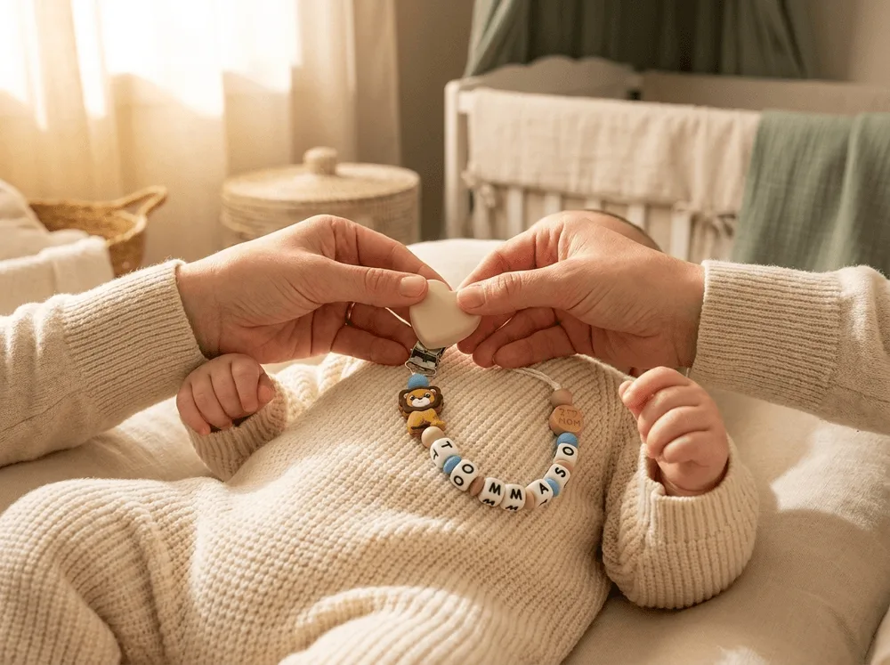 Una mamma aggancia la catenella portaciuccio personalizzata al body del bimbo