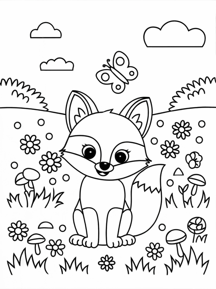 Volpe nel bosco da colorare, stampabile A4
